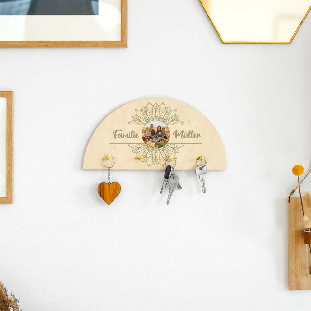 Personalisierbares Holz Schlüsselbrett Mandala mit Foto und Text